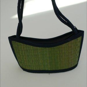 Woven Straw Handbag Vintage Made in Cambodia Lime Green Black Trim Zip Closure